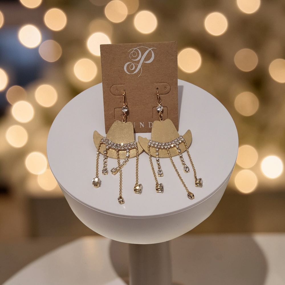 Plunder Gold Hat-Shaped Rhinestone Fringe Drop Earrings